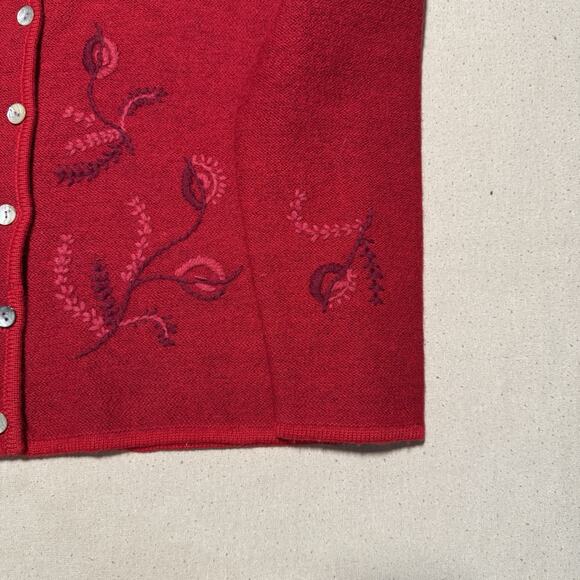 KAREN SCOTT Holiday Cardigan 100% Pure Wool Red Embroidered Sweater Jacket Sz M - Picture 4 of 11